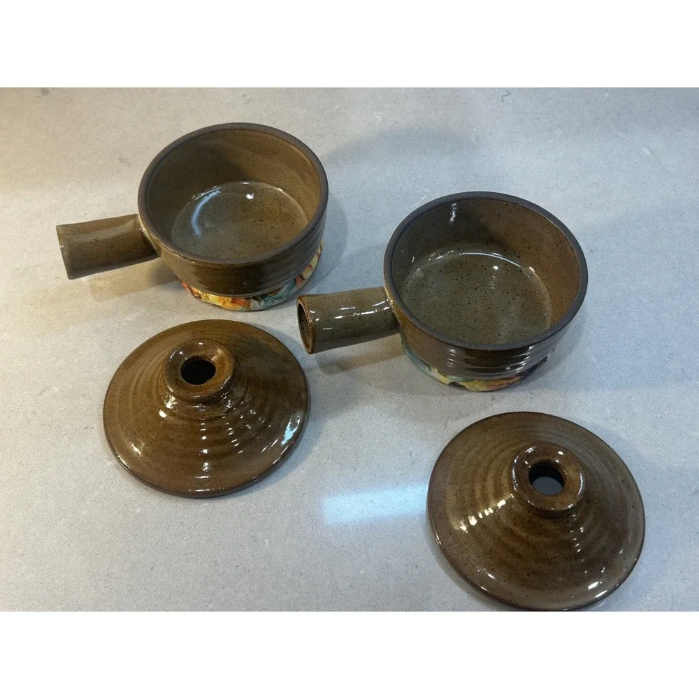 2 Vintage Soup Crocks Brown Pair Handles Vented Lids
